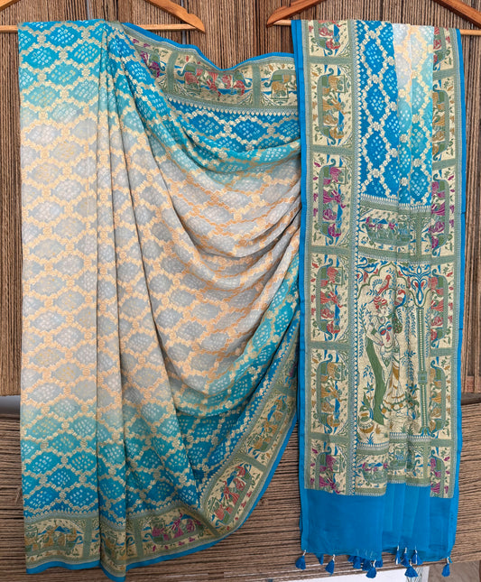 Azure blue Ombré Handwoven Rai  Bareek Bandhani Saree Meenakari Jaal with Khaddi Georgette  Mks-12