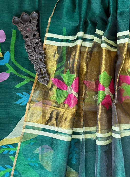 FOREST GREEN HANDWOVEN JAMDANI PURE MUSLIN SILK KURTA SET MJK-107