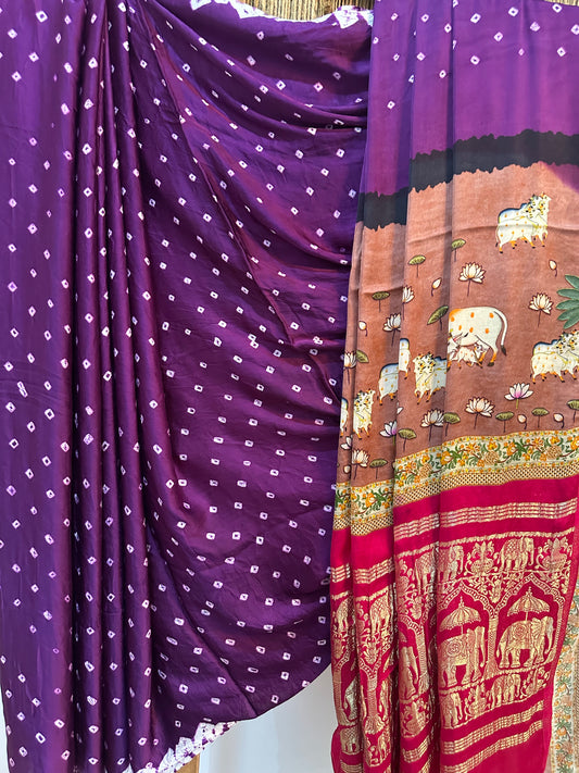 Purple Modal silkBandhani  handcrafted with Pichwai Print Sari in Nakshi Elephant  Border  BPS 26