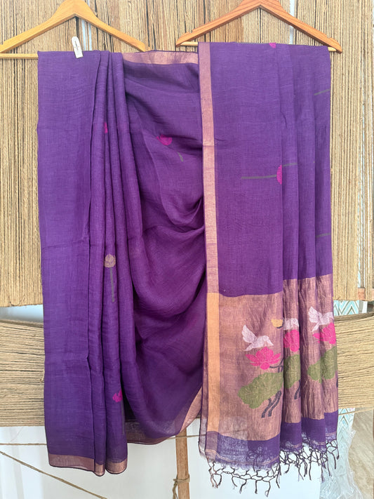 LAVENDER PURPLE HANDWOVEN JAYSHREE LINEN JAMDANI SARI
