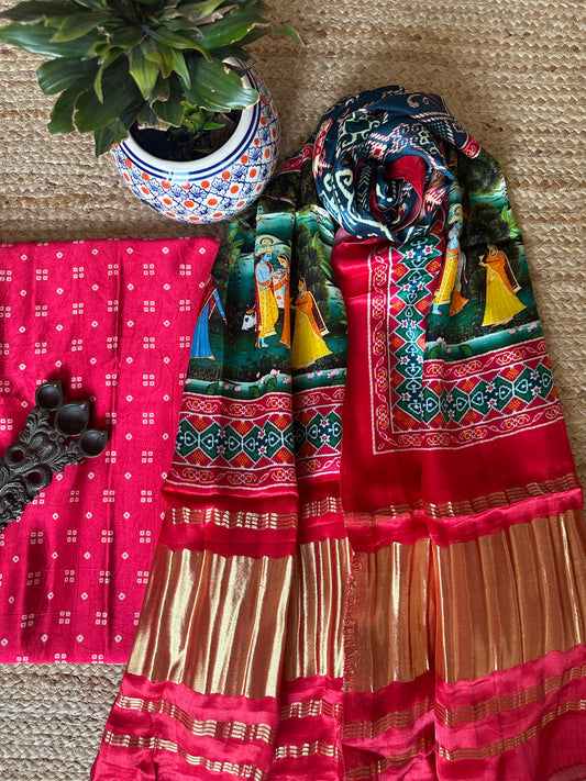 PINK SQUARE BANDHANI PATOLA PICHWAI MASHRU  SILK KURTA WITH  HANDCRAFTED MODAL SILK DUPATTA
