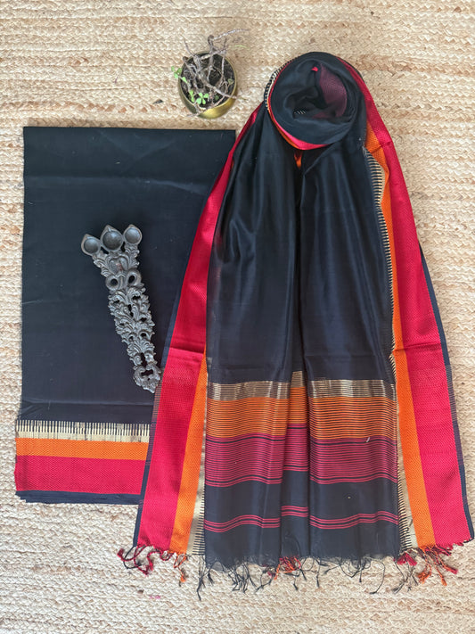 BLACK MAHESHARI BORDER SILK HANDLOOM KURTA SET