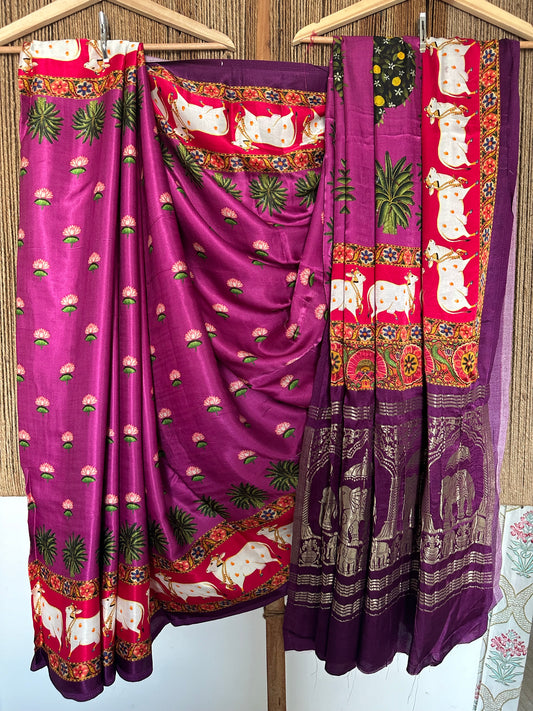 PURPLE MODAL SILK PICHWAI SARI WITH ZARI BORDER