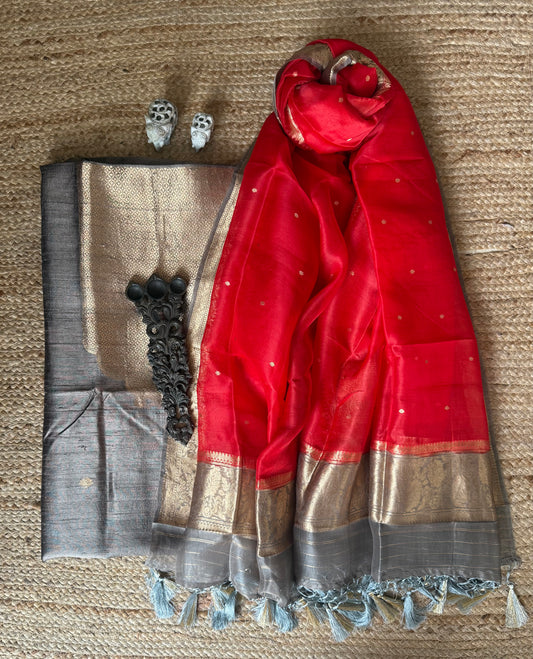 STONE GRAY RAW SILK CERTIFIED HANDLOOM BANARSI KADWA BUTTI WITH WOVEN ZARI THREE PIECE SUIT