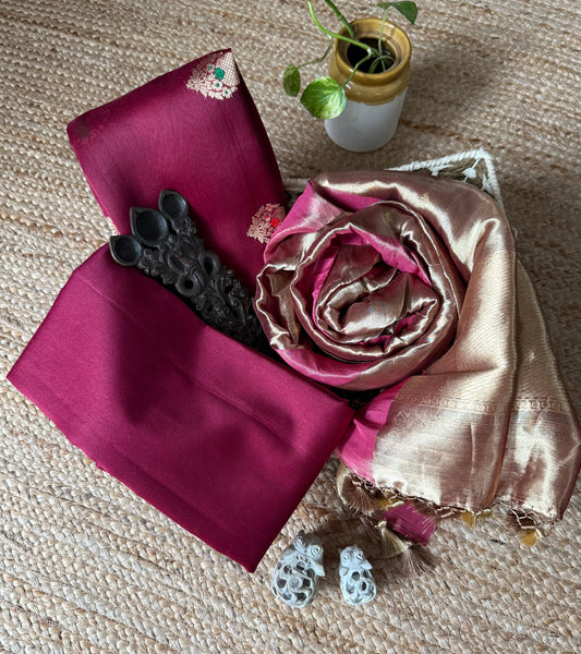 Deep Maroon Meenakari Kora silk certified handloom Banarsi kadwa Booti three piece suit   CBS-55