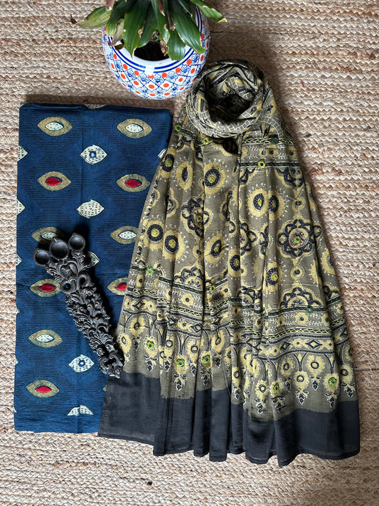 NAVY BLUE AJRAKH HANDBLOCK AND HAND EMBROIDERY KURTA WITH  AJRAKH HAND EMBROIDERY DUPATTA