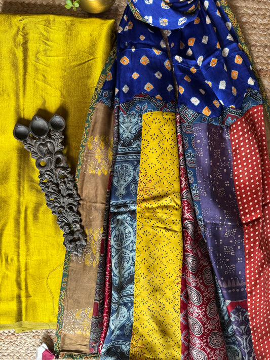 MUSTARD MASHRU SILK KURTA WITH AJRAKH PATCHWORK BANDHANI HANDCRAFTED  MODAL SILK DUPATTA PWK-8