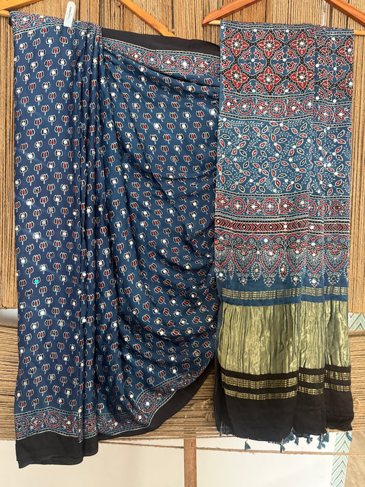 BLUE AJRAKH HANDCRAFTED MIRROR WORK MODAL SILK SARI WITH ZARI PALLU