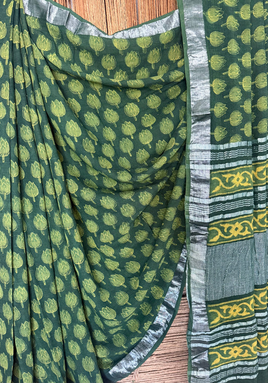 GREEN  AKOLA LINEN ZARI WOVEN HANDBLOCK SARI