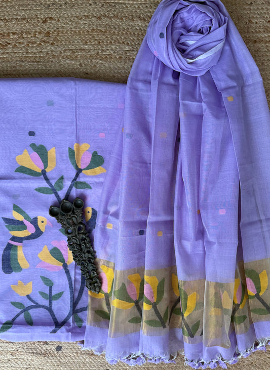 Pale Purple handwoven jamdani pure cotton silk kurta set mjk