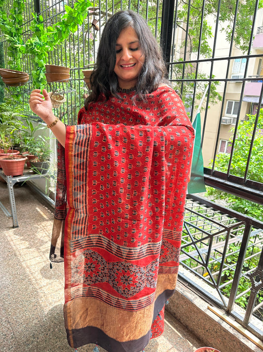 MAROON  AJRAKH CONTEMPORARY CHANDERI SILK HANDBLOCK SUIT SET CBS-94