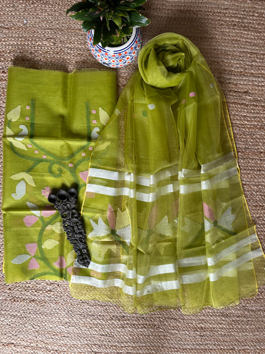 LIME GREEN HANDWOVEN JAMDANI PURE MUSLIN SILK KURTA SET MJK-42