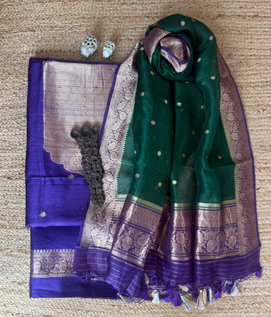 TRUE PURPLE RAW SILK CERTIFIED HANDLOOM BANARSI KADWA BUTTI WITH WOVEN ZARI THREE PIECE SUIT