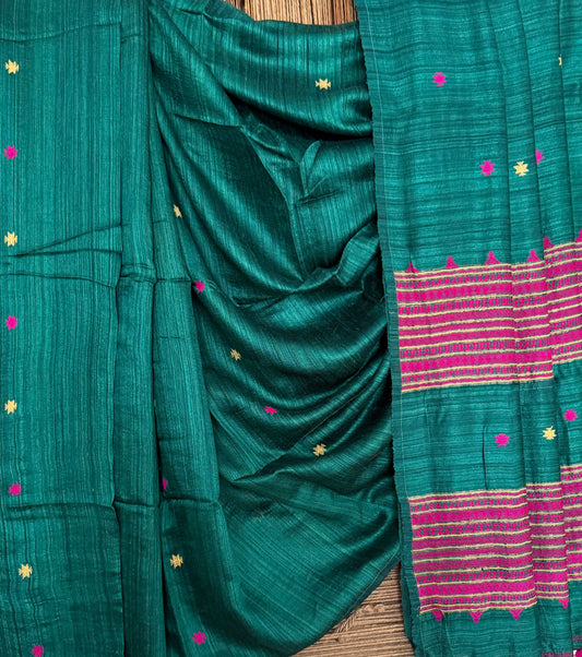 Deep Teal Green jamdani handwoven pure Matka  silk certified sari