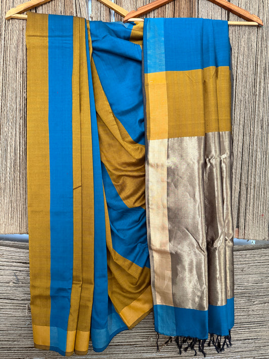 PEACOCK BLUE & GOLD YELLOW MAHESHWARI SILK HANDLOOM SARI WITH TISSUE PALLU