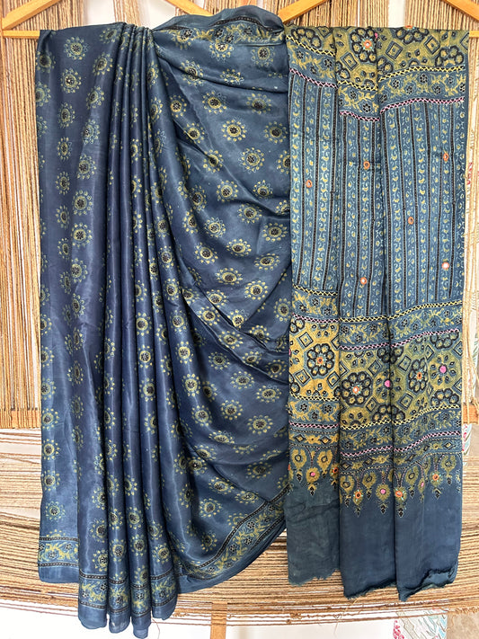 INDIGO  EMBROIDERY AJRAKH MODAL SILK SARI WITH EMBROIDERY