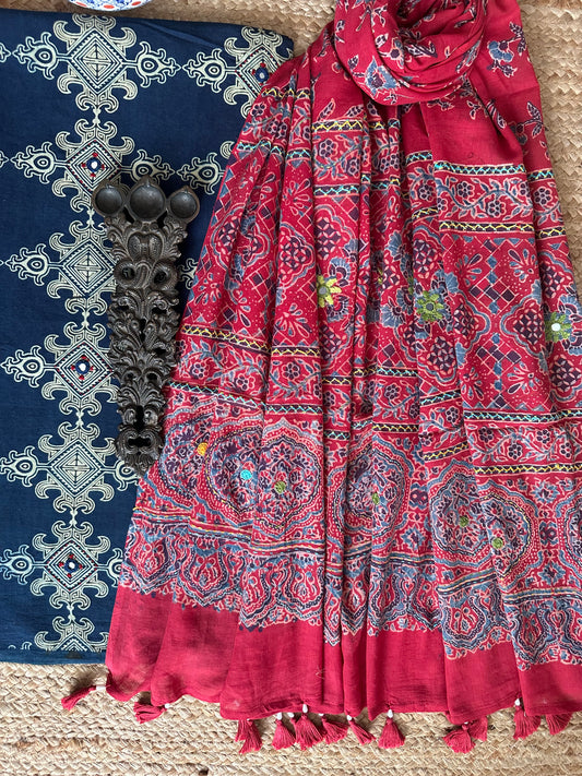 NAVY BLUE AJRAKH HANDBLOCK AND HAND EMBROIDERY KURTA WITH  AJRAKH HAND EMBROIDERY DUPATTA