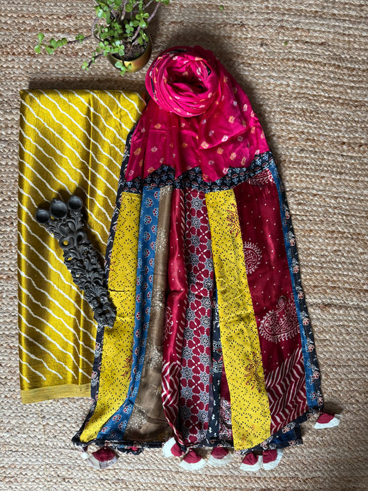 MUSTARD MASHRU SILK KURTA WITH AJRAKH PATCHWORK  HANDCRAFTED MIRROR WORK MODAL SILK DUPATTA PWK-7