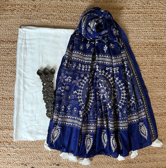 White Modal silk kurta with Berry Blue kantha work hand embroidery  Pure Bangalore Silk dupatta