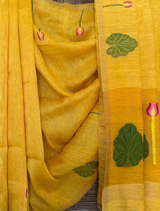 BUTTERCUP YELLOW COPPER TISSUE LINEN JAMDANI HANDWOVEN SARI WITH ELEGANT WOVEN MOTIFS