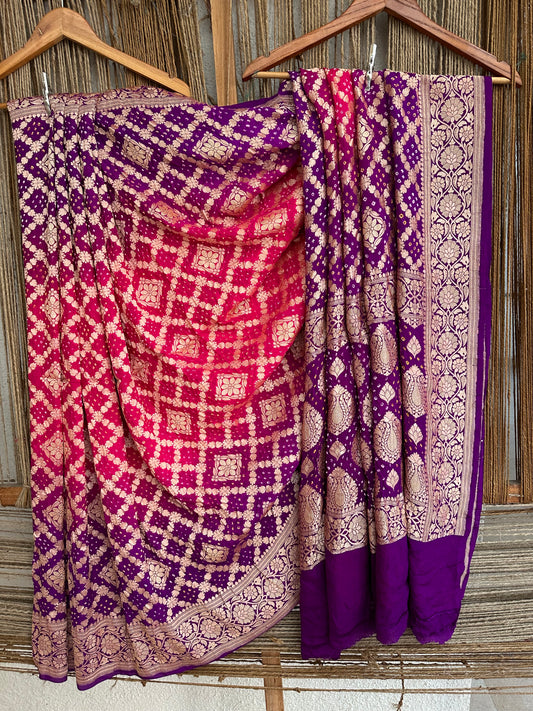 Purple Pink Handwoven Neem Zari Bareek Bandhani Saree with Khaddi Georgette