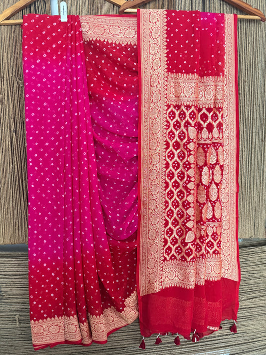 Deep pink & red ombrã© shade handwoven neem zari bareek bandhani saree with khaddi georgette bs- 301