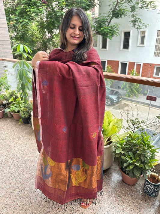 MAROON WOVEN LINEN  KURTA SET LJS-1045