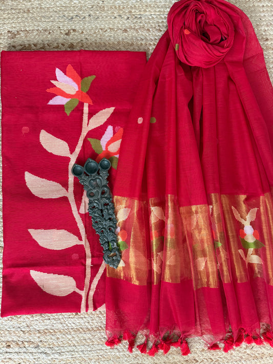 Cherry Red handwoven jamdani pure cotton silk kurta set mjk