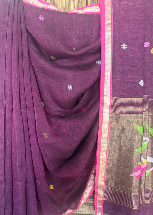 BURNT BURGUNDY MAROON  HANDWOVEN PURE LINEN SILK JAMDANI SARI WITH ZARI PALLU