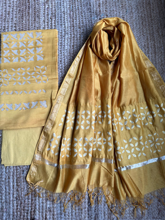 GOLDEN YELLOW CHANDERI  SILK  APPLIQUE SUIT SET