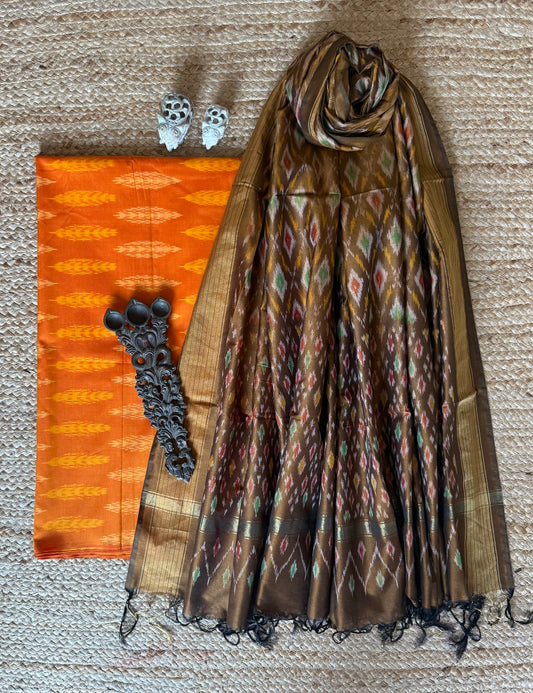 ORANGE IKKAT PURE SILK HANWOVEN KURTA WITH IKKAT PURE SILK HANDWOVEN DUPATTA