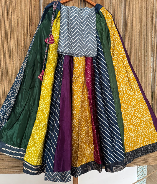 Mustard mashru silk blouse-with bandhani Patola patchwork  handcrafted mashru silk Skirt