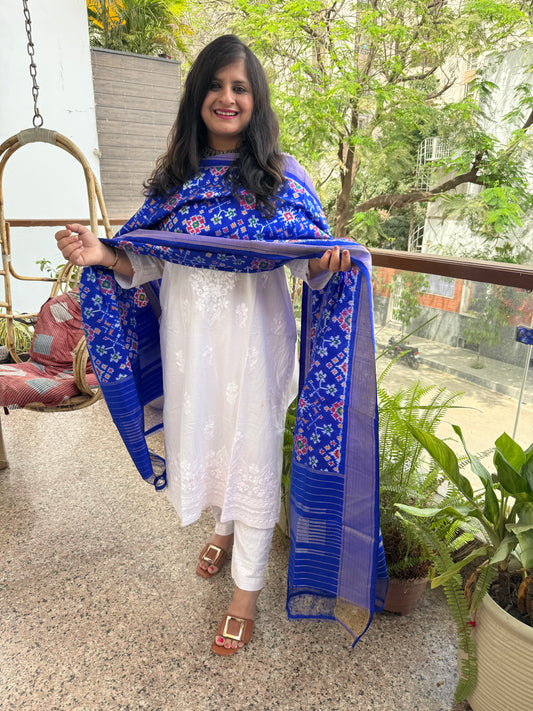 BLUE - HANDSPUN HANDWOVEN POCHAMPALLY IKAT SILK DUPATTA WITH ZARI BORDER