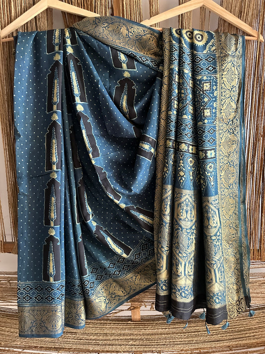 INDIGO GREEN DOLA  SILK AJRAKH ZARI BORDER SARI