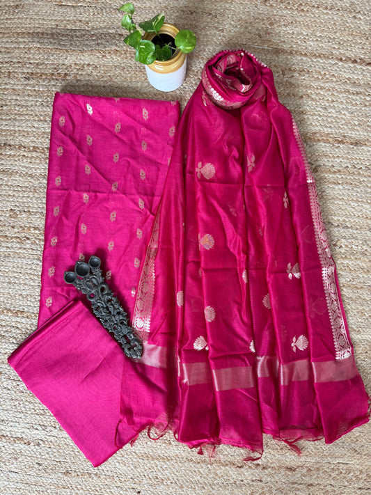 Deep Pink Chanderi handloom  banarsi booti three piece suit
