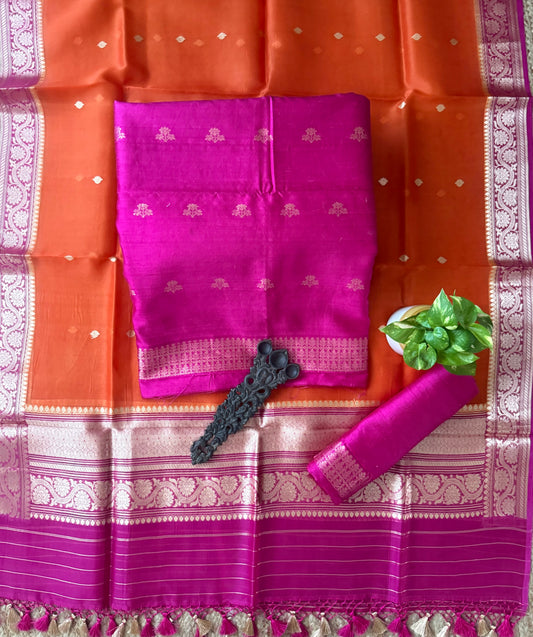 Shocking Pink raw silk certified handloom banarsi kadwa butti with woven zari three piece suit