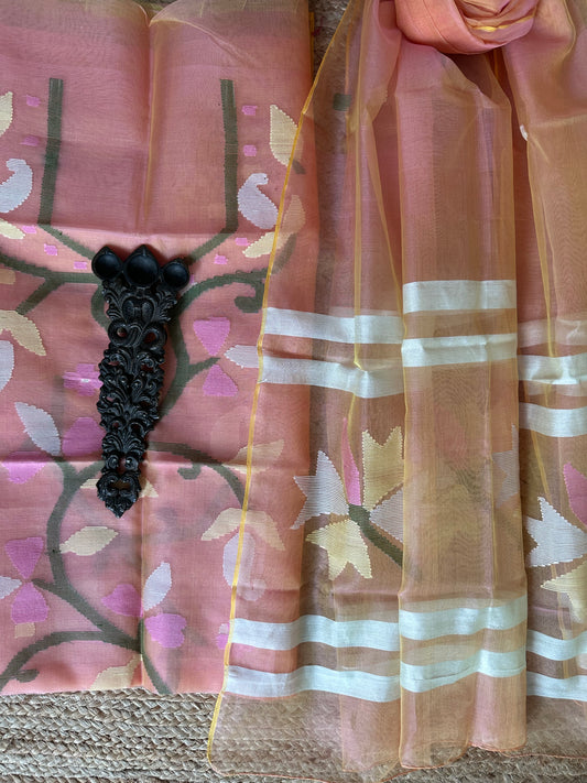 CREAMY PEACH HANDWOVEN JAMDANI PURE MUSLIN SILK KURTA SET MJK-60