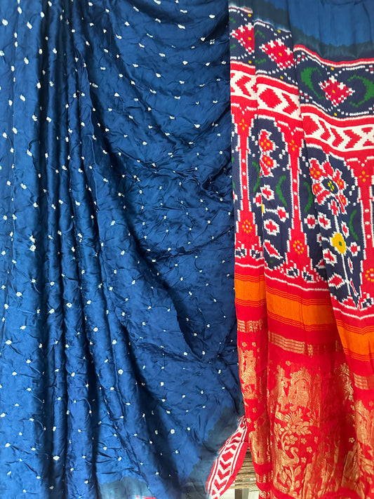 BLUE RED MODAL SILK BANDHANI  SARI WITH PATOLA PRINT