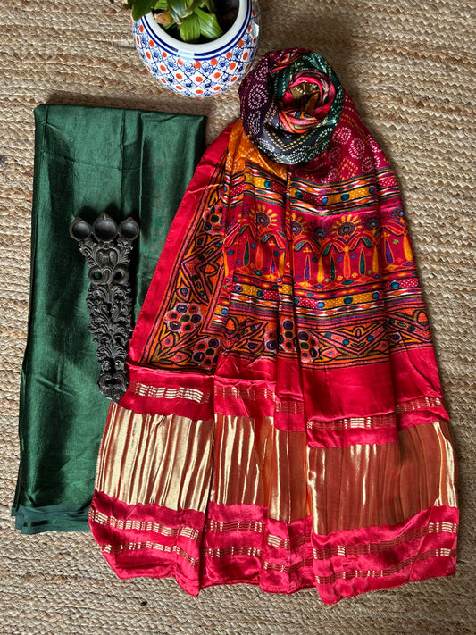 GREEN SOLID MASHRU SILK KURTA WITH PATOLA HANDCRAFTED MODAL SILK DUPATTA PS-86