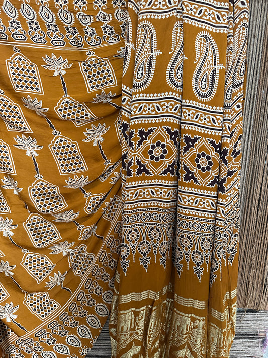 MUSTARD AJRAKH PRINT  MODAL SILK SARI WITH ZARI BORDER