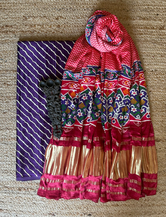 PURPLE LEHERIYA MASHRU SILK KURTA WITH PATOLA HANDCRAFTED MODAL SILK DUPATTA
