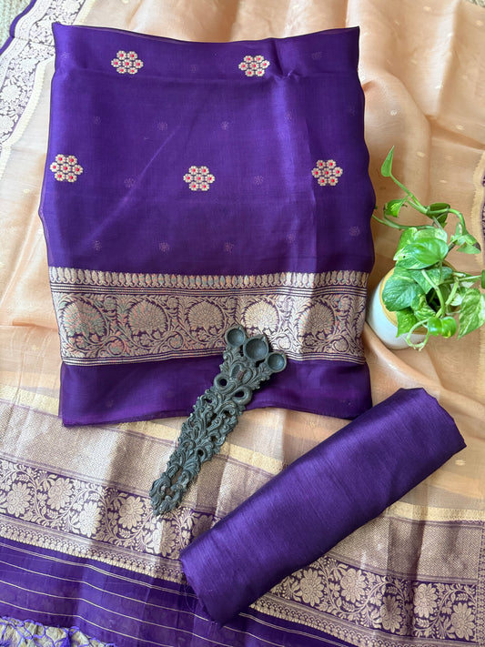 DEEP PURPLE KORA SILK CERTIFIED HANDLOOM BANARSI KADWA BUTTI WITH WOVEN ZARI THREE PIECE SUIT