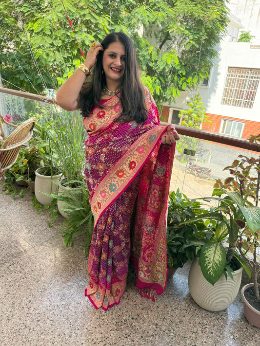 Purplish Pink Dual shade Handwoven Rai  Bareek Bandhani Saree Meenakari Jaal with Khaddi Georgette  Mks-1
