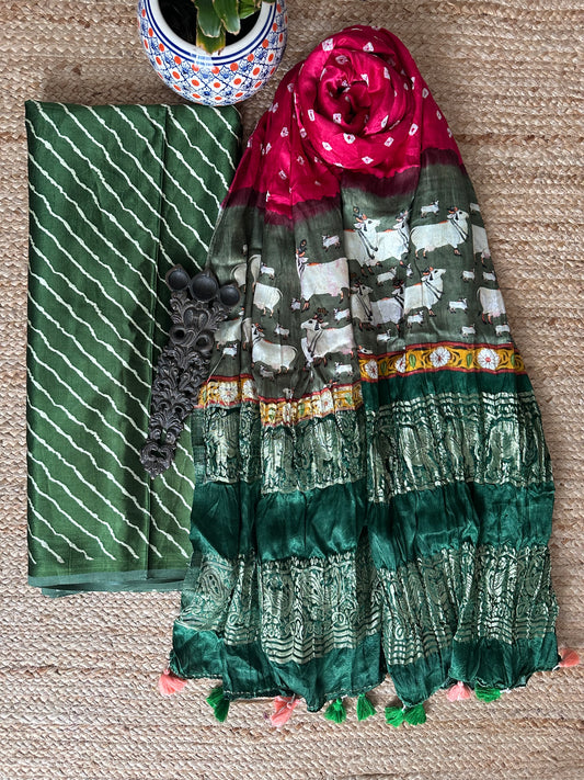 GREEN LEHERIYA MASHRU SILK KURTA WITH BANDHANI PICHWAI HANDCRAFTED  MODAL SILK DUPATTAS PS- 10171
