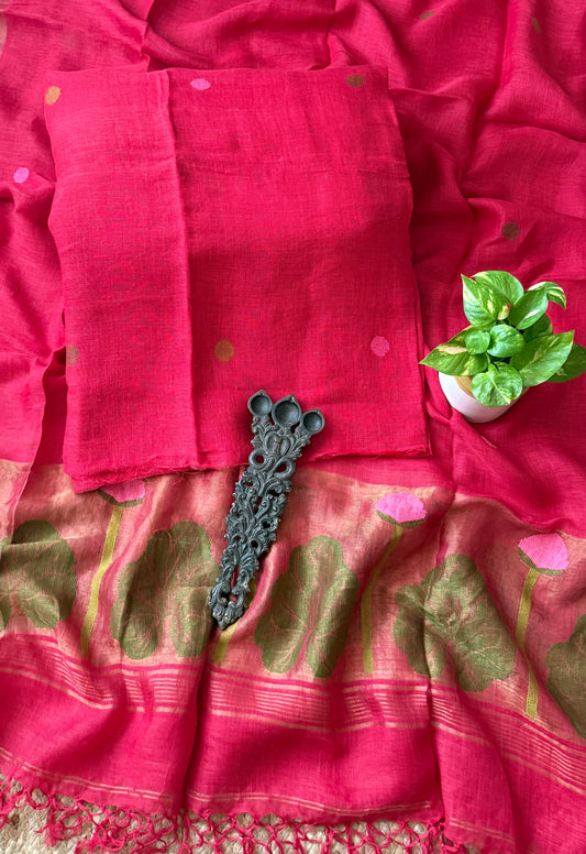 RASPBERRY PINK PURE JAYSHREE  LINEN JAMDANI HANDWOVEN KURTA SET