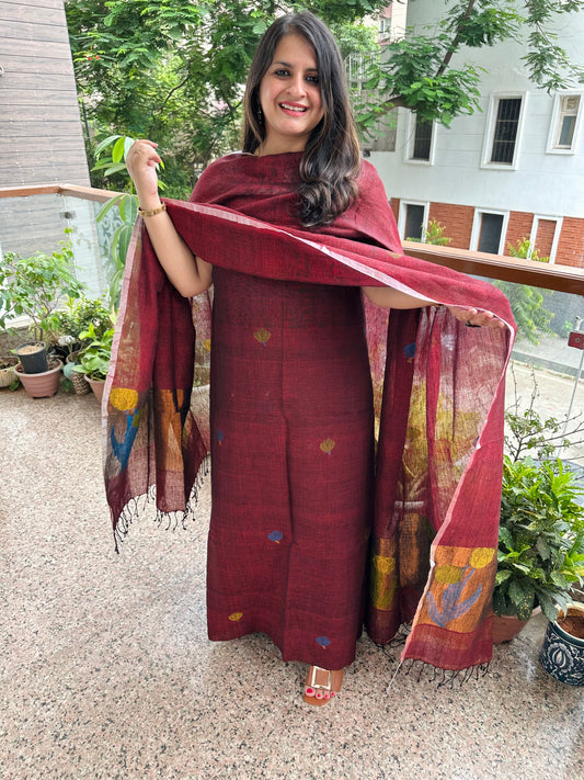 MAROON WOVEN LINEN  KURTA SET LJS-1045