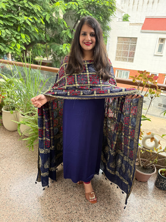 BLUE  SOLID MODAL SILK SUIT WITH AJRAKH  GHARCHOLA HANDCRAFTED MODAL SILK DUPATTA  ps-229