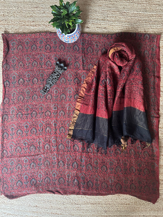 MAROON AJRAKH  LINEN SILK HANDBLOCK SUIT SET