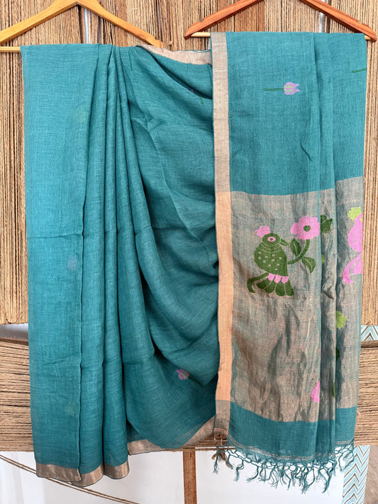 JADE GREEN HANDWOVEN JAYSHREE LINEN JAMDANI SARI