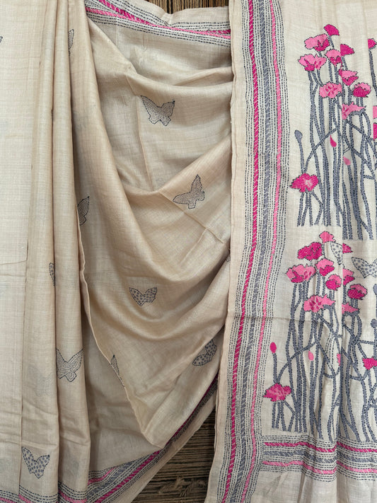 NATURAL BEIGE WITH MULTI THREAD HAND EMBROIDERY KANTHA WORK TUSSAR SILK SARI